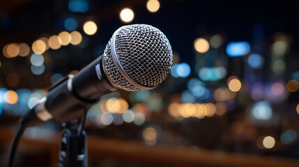 Obraz premium Macro close-up of a microphone with metal grille, fine mesh texture in focus, blurred instrument lights in background suggesting live music performance