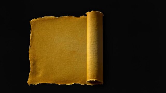 Ancient scroll gradually unfurls on black background in timelapse