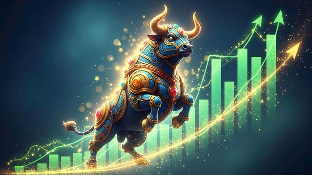 3D metallic bull with Bitcoin price chart - Powered by Adobe