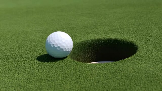 Golf ball rolling towards hole on green grass  capturing perfect holeinone moment
