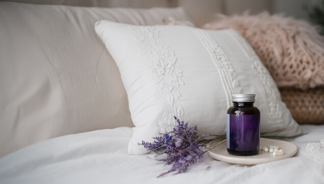 Flatlay with pillow, melatonin supplement bottle, and subtle lighting. Sleep aid, natural remedy, relaxation, bedtime routine, health product, peaceful atmosphere.
