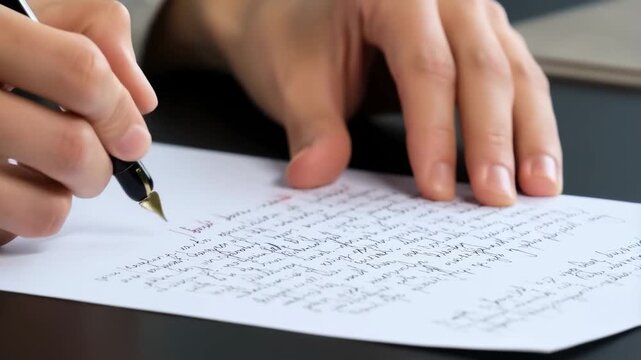 Closeup of handwriting a letter with fountain pen on white paper