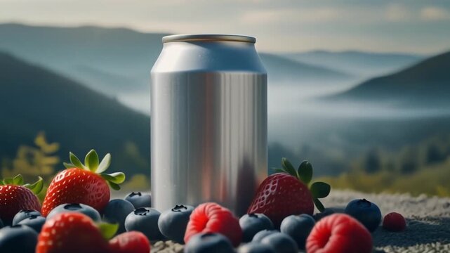 Unlabeled silver beverage can nestled among a colorful array of fresh strawberries, blueberries, and raspberries, presented in a serene natural mountain setting, highlighting pure refreshment
