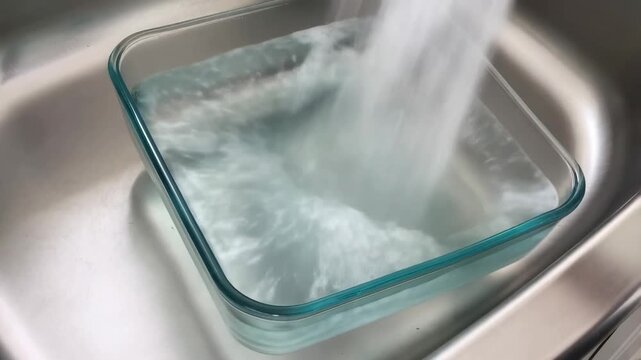 Pouring water into transparent glass container in kitchen sink sequence
