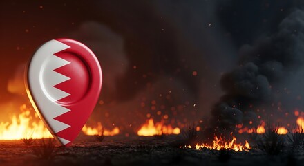 Bahrain flag pin on fire background with flames and smoke