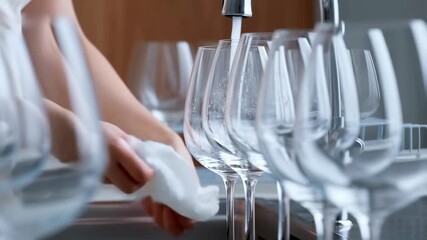 Polishing wine glasses in kitchen: hands clean and dry with careful attention