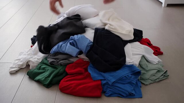 Neatly folding colorful clothes into a pile on a wooden floor