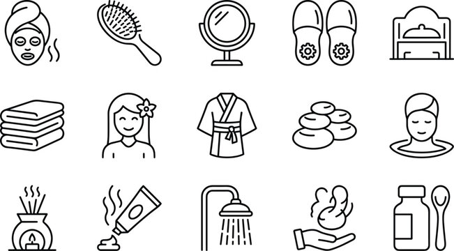 Spa and wellness icons set with skincare beauty salon accessories relaxation symbols, outline vector illustration for health spa branding design