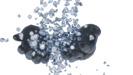 Wealth accumulation concept: Futuristic carbon cyborg hand catching falling diamonds - Isolated ACES 2.0 3D render on transparent background.