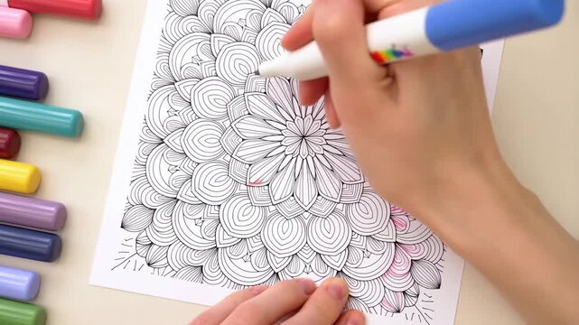 Creative coloring: hands adding vibrant colors to intricate mandala design