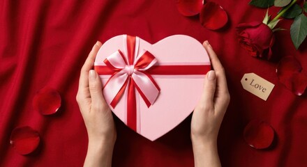 Close up on female hands holding a gift in a pink heart presents for valentine day, birthday, mother's day. Flat lay. Symbol of love. Valentines day background with a gift boxes on concrete board.