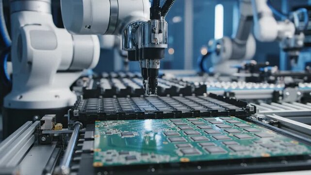 Closeup of a robotic pick-and-place head assembling a green circuit board on an automated line fast!