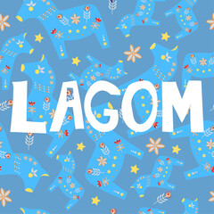 Lagom. Scandinavian poster. Dala Horse, traditional Swedish ornament.&nbsp;Background flat design stock illustration