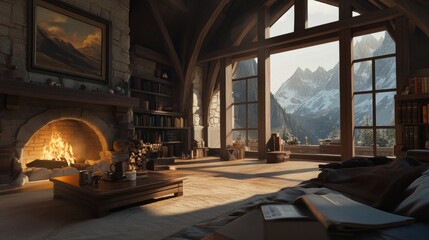 A cosy mountain lodge with a hot cocoa mug by the fire.