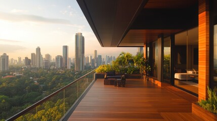 A high rise luxury apartment balcony overlooking a bustling city.