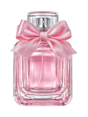 Luxury pink perfume bottle with satin bow isolated on white background