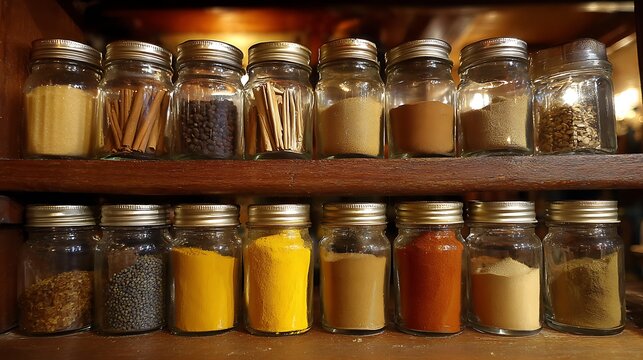Glass jars of various spices on wooden shelf silver lids colorful powders