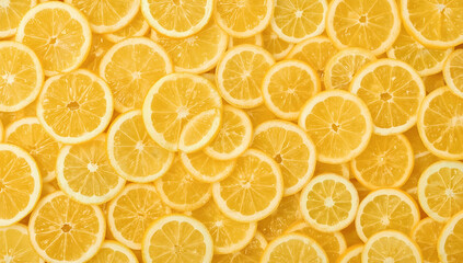 Many overlapping bright yellow lemon slices perfect for food and beverage backgrounds, summer themed designs, refreshing product advertisements, and citrus motifs.