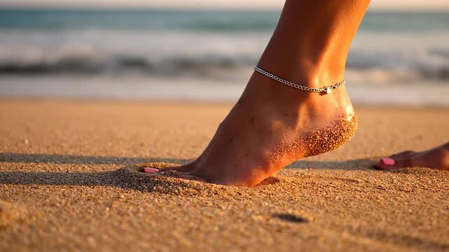 Womans foot with ankle bracelet on sandy beach at sunset