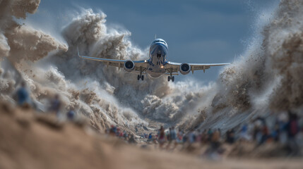 High-resolution cinematic shot of an airplane passing extremely low over a beach, immense fuselage filling the sky, powerful jet blast creating waves of sand and motion, people rea