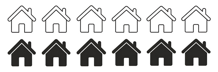 Set of House Icons: Outline and Solid Fill Variations, Simple Home Symbols for Real Estate or Navigation