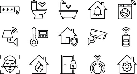 Smart home security and automation line icons set for connected devices control safety monitoring outline vector collection interface design