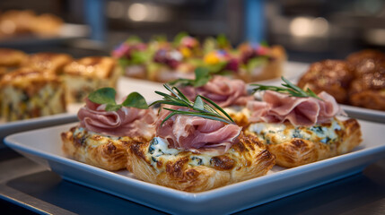 High-resolution gourmet food scene capturing an assorted finger food collection for events, puff pastry sausage rolls with crisp detail, colorful mini sandwiches, golden quiche bit