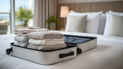 Modern travel lifestyle scene with an open suitcase on a neatly made hotel bed, packing cubes, folded garments, and essentials carefully placed, bright and airy room, relaxed yet o