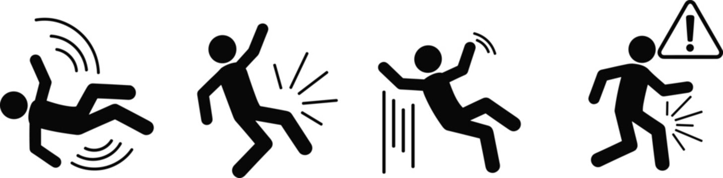 Slip trip fall hazard icons, safety silhouette, workplace injury warning, vector illustration, black pictogram, caution signage, accident prevention graphic