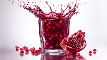 Fresh pomegranate juice splashing in glass with ruby red seeds and ripe fruit on white background