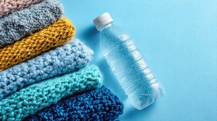 A vibrant arrangement of colorful knitted fabrics beside a clear plastic water bottle on a blue surface.