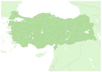 緑色の濃淡で描いた、トルコ共和国の行政区分付きの地図（白地図）A blank map of the Republic of Turkey with administrative divisions in shades of green.