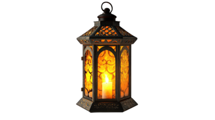 Vintage lantern with candle light inside on transparent background decoration
