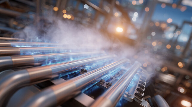 High-detail close-up of a boiler heat exchanger in operation, subtle steam reflections on metallic tubes, focus on energy-efficient design, sustainable industry visualization, futu