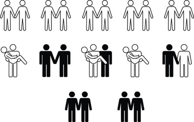 Same sex couple relationship icons illustration showing love partnership diversity, LGBT community symbols, equality concept, simple black white pictogram design