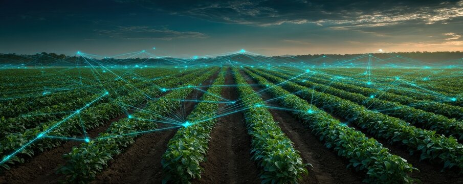 A digital representation of a farm field with interconnected lines, symbolizing technology and agriculture integration. - Powered by Adobe