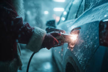 Santa Claus breaking into a frozen car using electric tool at night, cyberpunk Christmas concept with crime, technology and winter danger