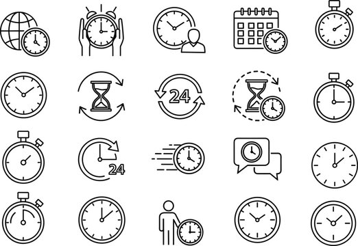 Collection of various time-related icons illustrating different concepts of time and schedules in a simple line art style