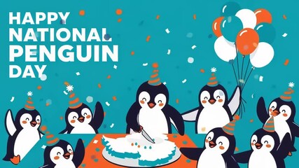 Joyful penguin celebration with cake and balloons for national penguin day