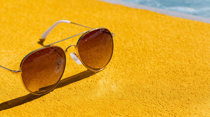 A pair of stylish sunglasses angled on a bright yellow background, metallic and glass textures sharply detailed, minimalist composition