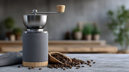 A modern coffee grinder on a clean light gray background, metallic and wooden textures highlighted, close-up product-style shot