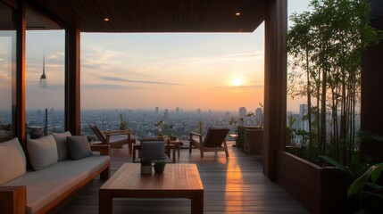 A trendy rooftop bar with stunning city views at sunset.