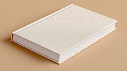 A hardcover notebook with a minimalist cover placed diagonally on a solid beige background, subtle lighting for shadow and texture emphasis