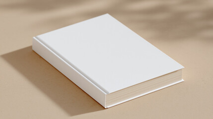 A hardcover notebook with a minimalist cover placed diagonally on a solid beige background, subtle lighting for shadow and texture emphasis