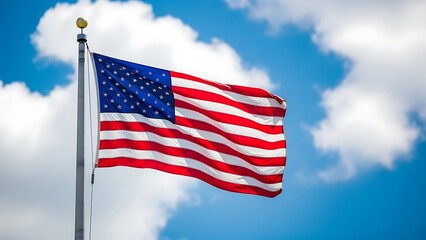 Obraz premium American flag waving on flagpole against blue sky with clouds