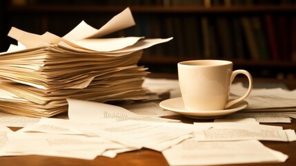 A cluttered office desk with papers scattered and a coffee mug.
