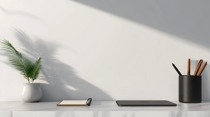 A minimalistic desk with a laptop notepad and a single succulent plant.