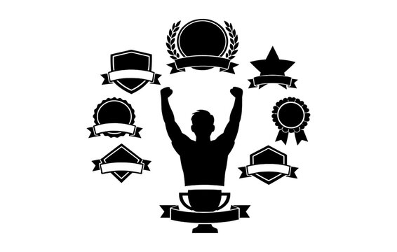 Silhouette of victorious person surrounded by trophies and badges