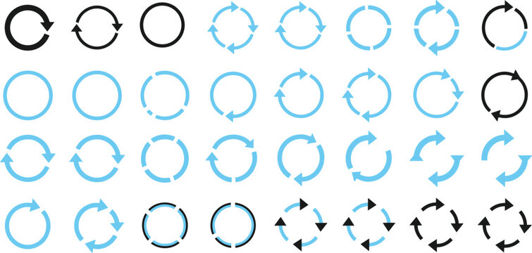 Set of Blue and Black Circular Arrow Icons Representing Data Refresh System Update Loading Progress Recycle Cycle Rotation and Continuous Loop Process