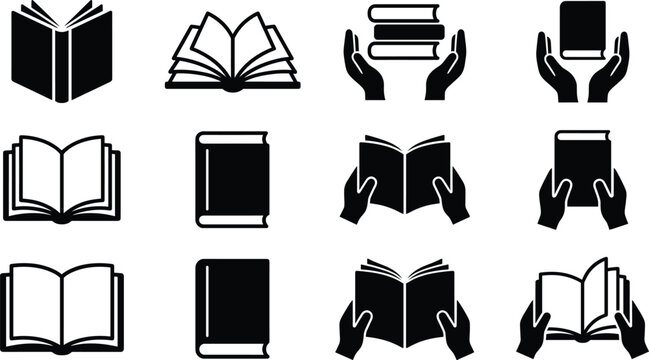 Reading and book care icon set with hands holding books, open pages, stacked volumes isolated on white background for education design
